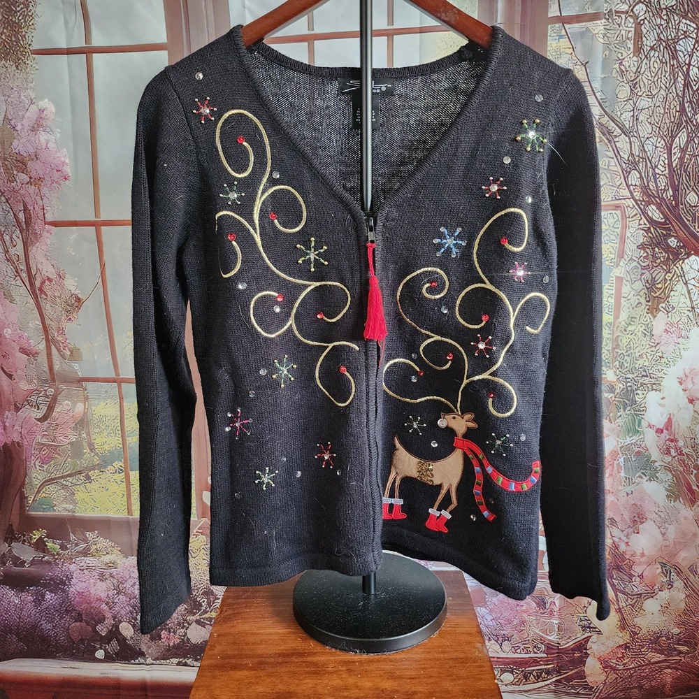 SML Design Vintage Christmas Cardigan Reindeer Gold Swirls Gemstones Petite S